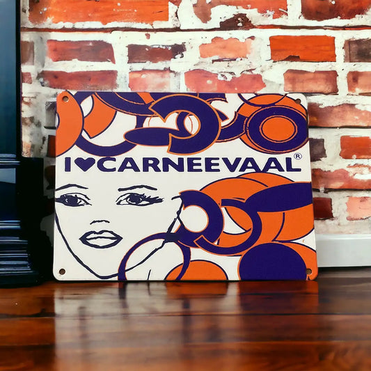 Lilly Lapis Lazuli decorative carnival art sign styled on a polished wooden surface against an exposed brick wall