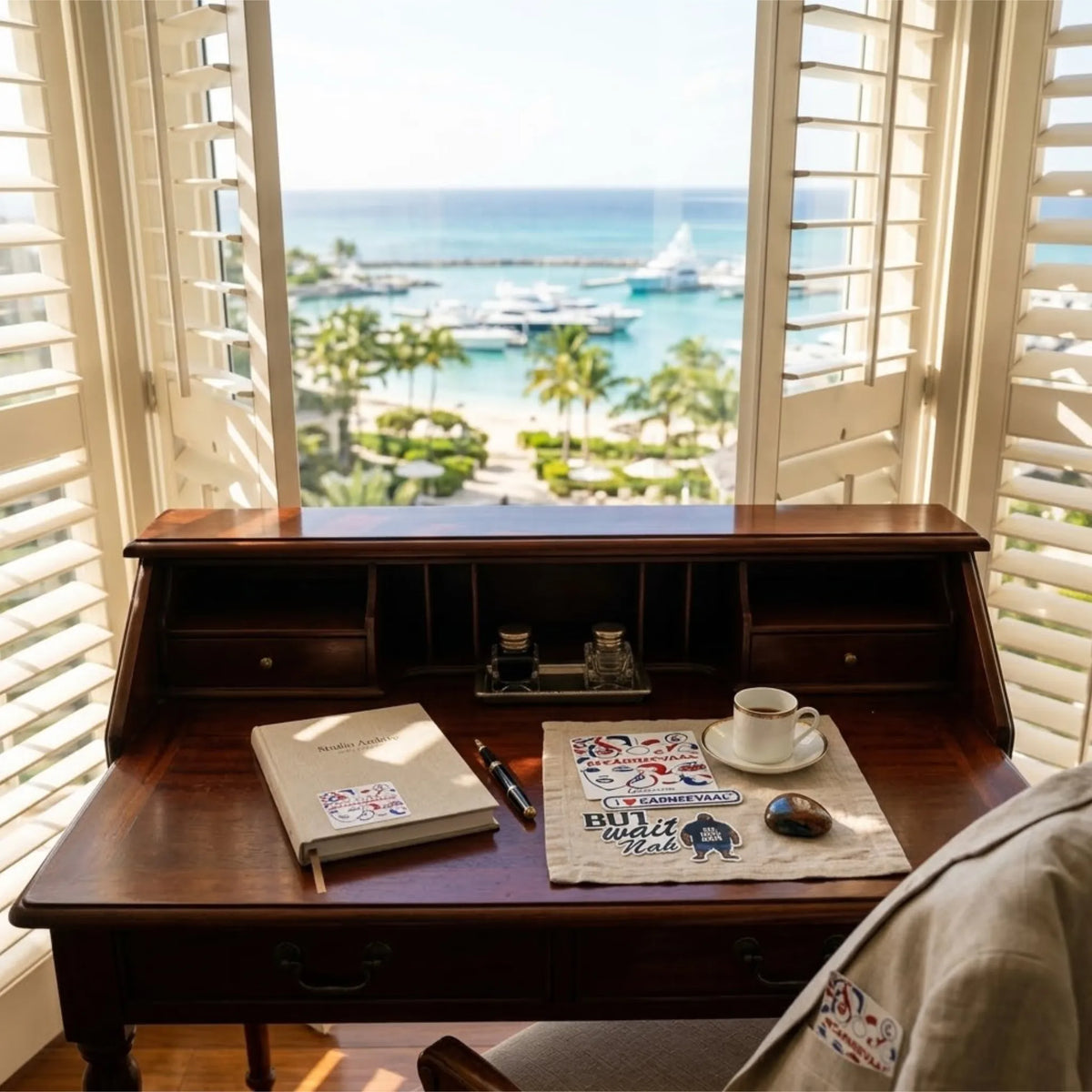 Mahogany writing desk by open plantation shutters overlooking a tropical marina, featuring Collector's Edition vinyl stickers, fine fountain pen, and morning espresso.
