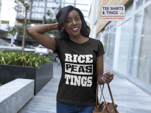 Black 100% organic cotton teeshirt with bold white writing -Rice-Peas-Tings