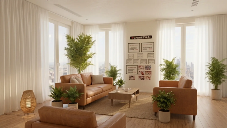 Elegantly  carnival street signs styled on a gallery wall in a sunlit modern interior with tan leather furniture.
