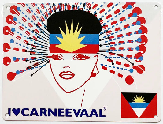 I Love Carneevaal Antigua decorative metal art sign with carnival headdress motif on white background