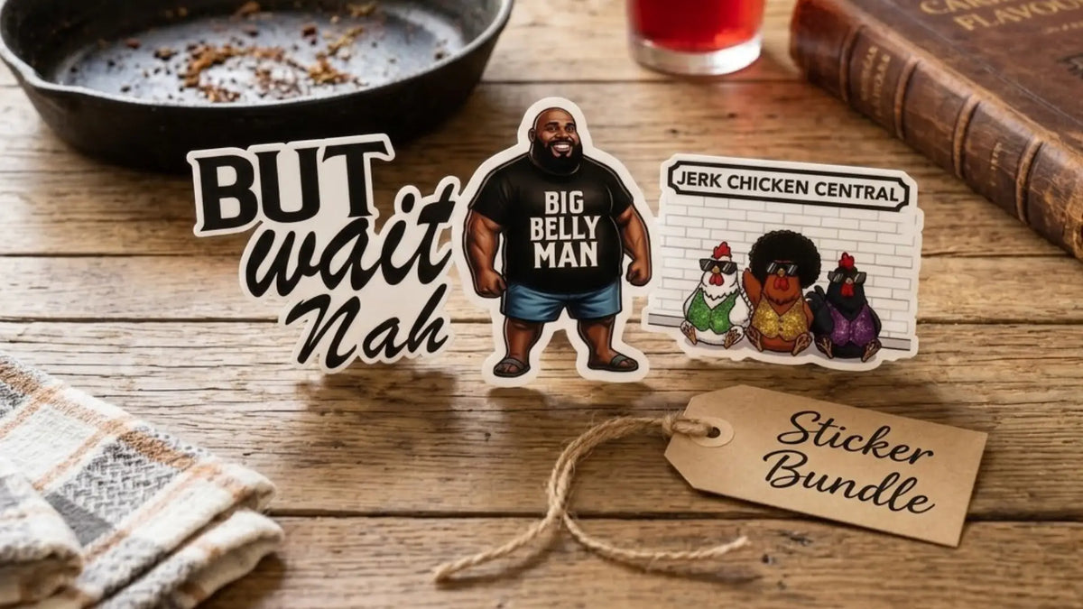 A sticker bundle displayed on a rustic wooden table with cooking-themed props. The bundle includes a die-cut sticker of a muscular man wearing a black t-shirt that reads 'BIG BELLY MAN' and blue jeans, a second sticker with the text 'BUT wait Nah' in black script and bold block letters, and a third sticker depicting three cartoon chickens under a sign reading 'JERK CHICKEN CENTRAL'.