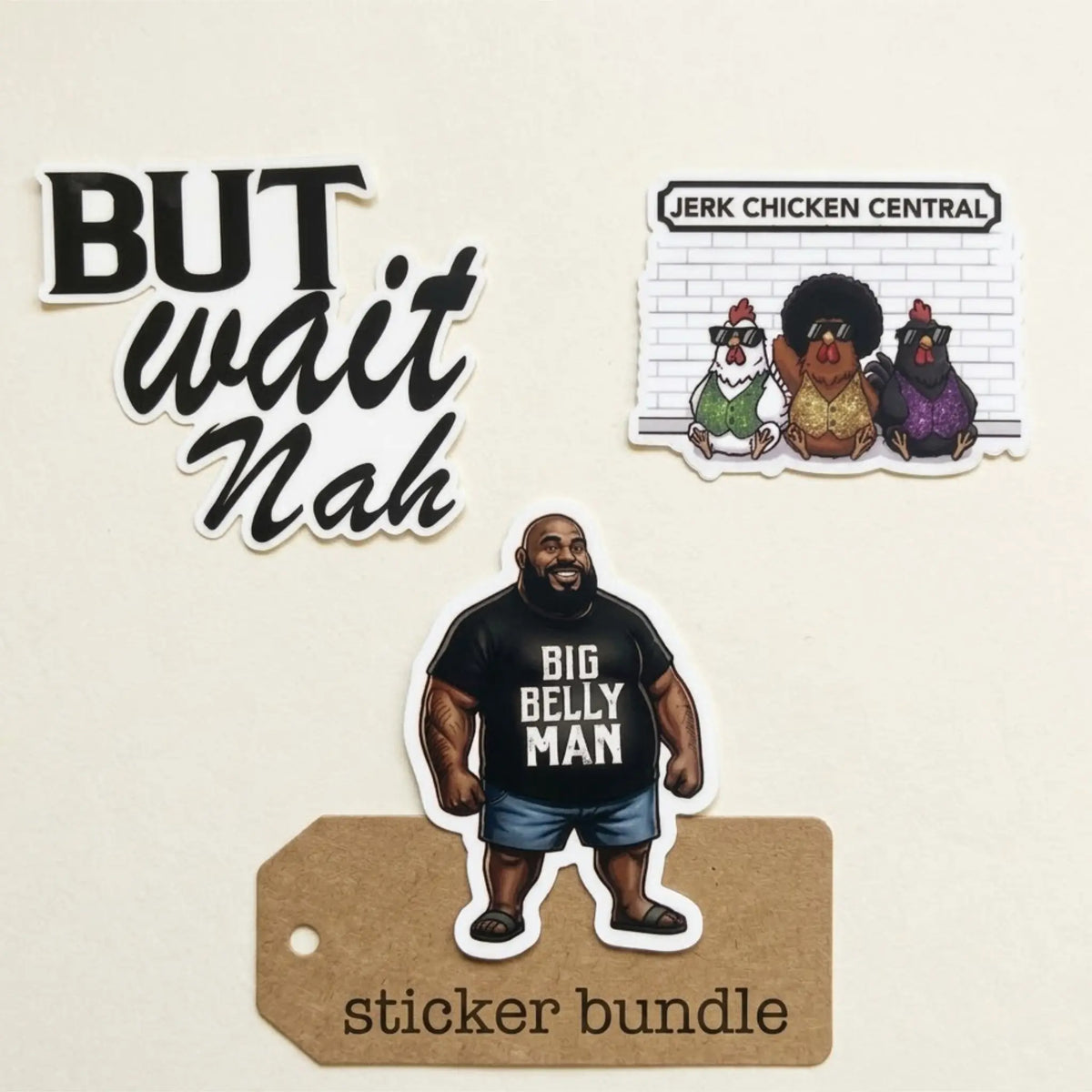 Close-up of individual pieces from The Big, But & Jerk Sticker Set showing character details.