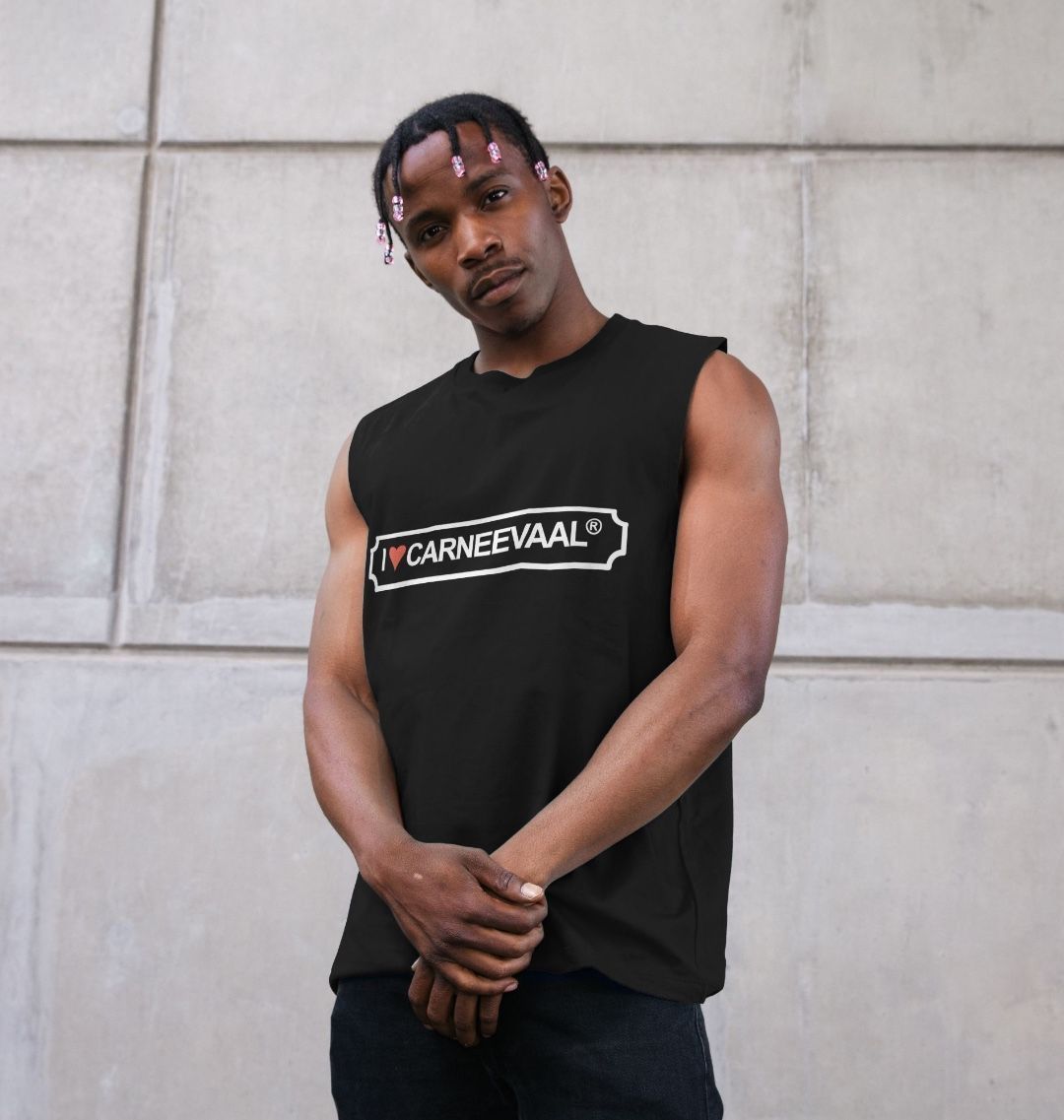 Man with beads in hair posing in black tank ,vest top