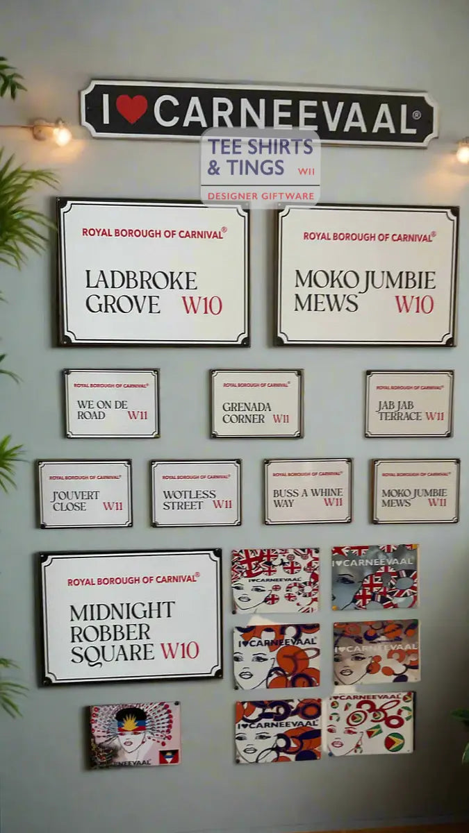 Curated gallery wall display featuring street-name style and graphic carnival art signs in London W10 aesthetic