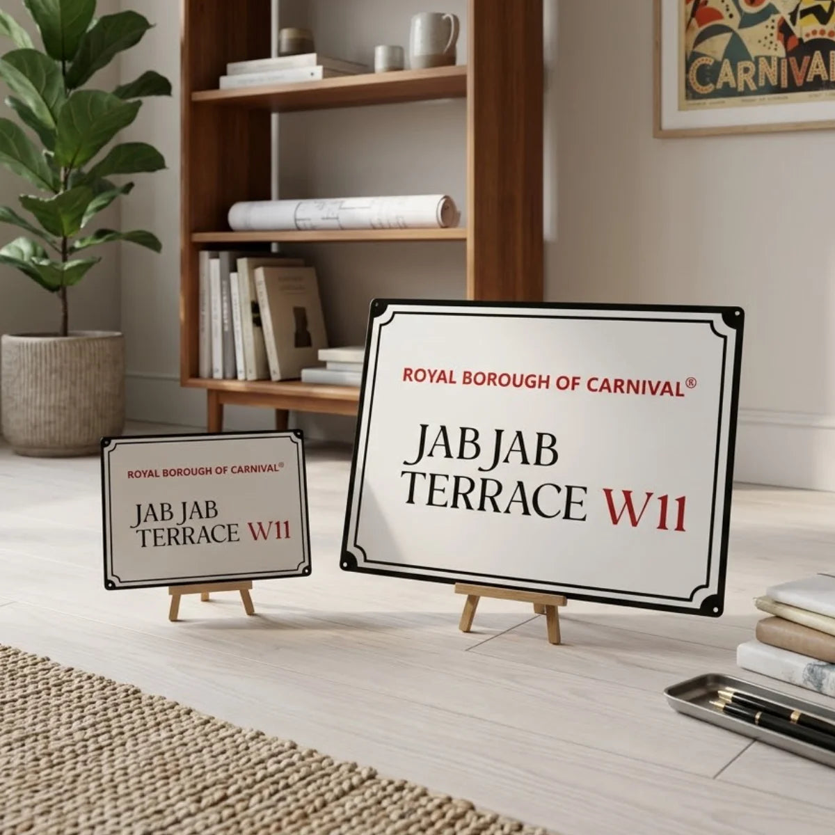 Two decorative London-style street sign plaques displayed on wooden tabletop easels in an elegant living space, with both reading "Royal Borough of Carnival, Jab Jab Terrace W11." In the soft-focus background, a light oak bookshelf holds books and ceramics beside a potted fiddle-leaf fig tree.