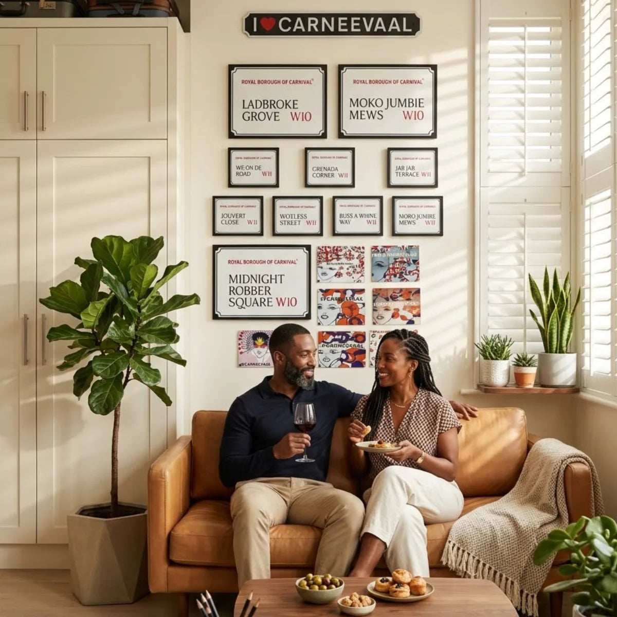 ⁠Royal Borough of Carnival Jab Jab Terrace sign styled within an elegant living room gallery wall display⁠  ⁠