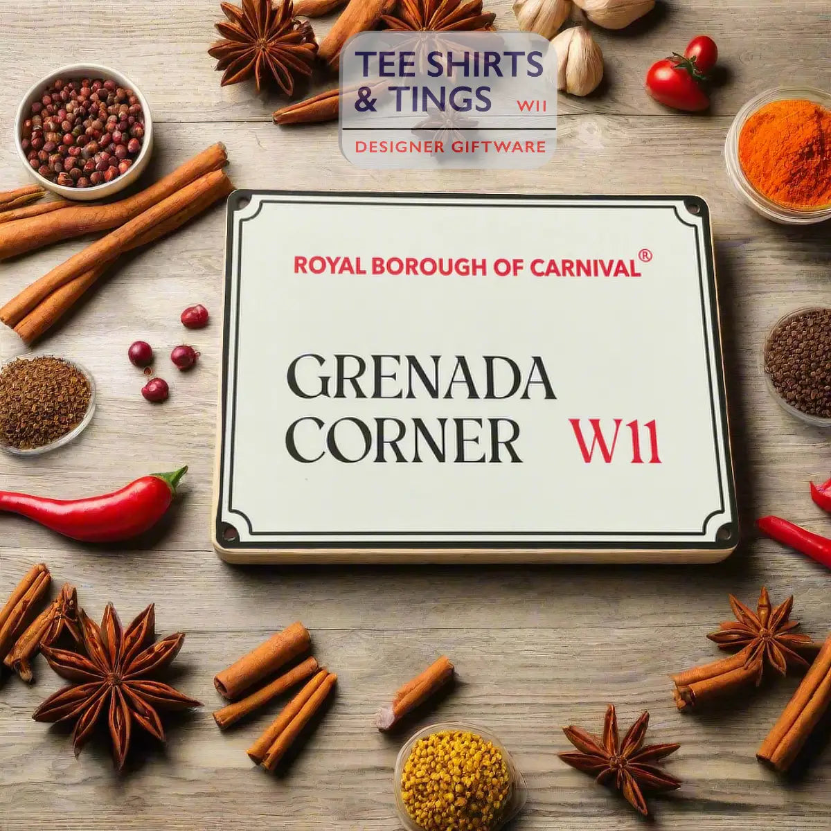 Grenada Corner W11 decorative street sign flat lay arrangement styled with whole spices, cinnamon sticks, and star anise