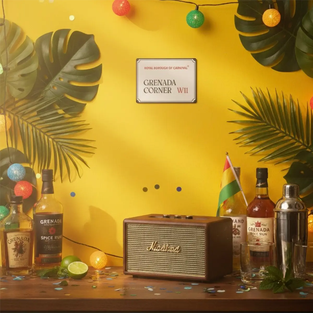 Grenada Corner W11 street sign mounted on a vibrant yellow wall above a drinks bar with rum bottles and palm leaves