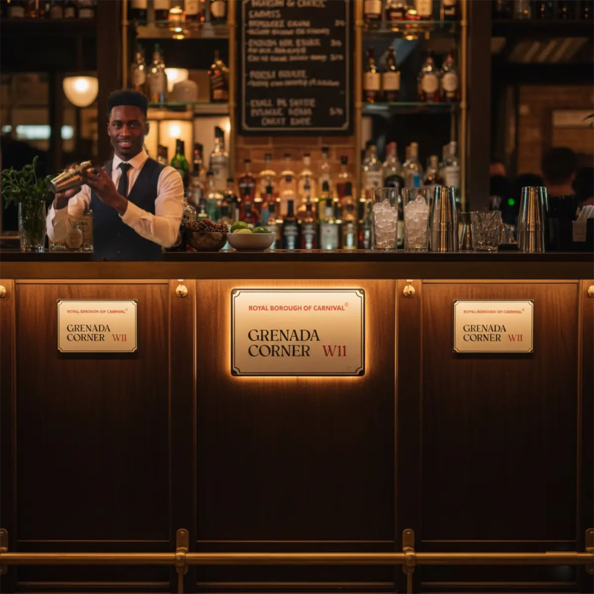 Grenada Corner decorative street signs mounted along a luxury wooden cocktail bar with a bartender preparing drinks