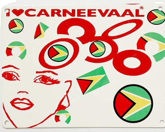 Front view of the Guyana decorative carnival art sign showcasing stylised face illustration, typography, and national flag circles