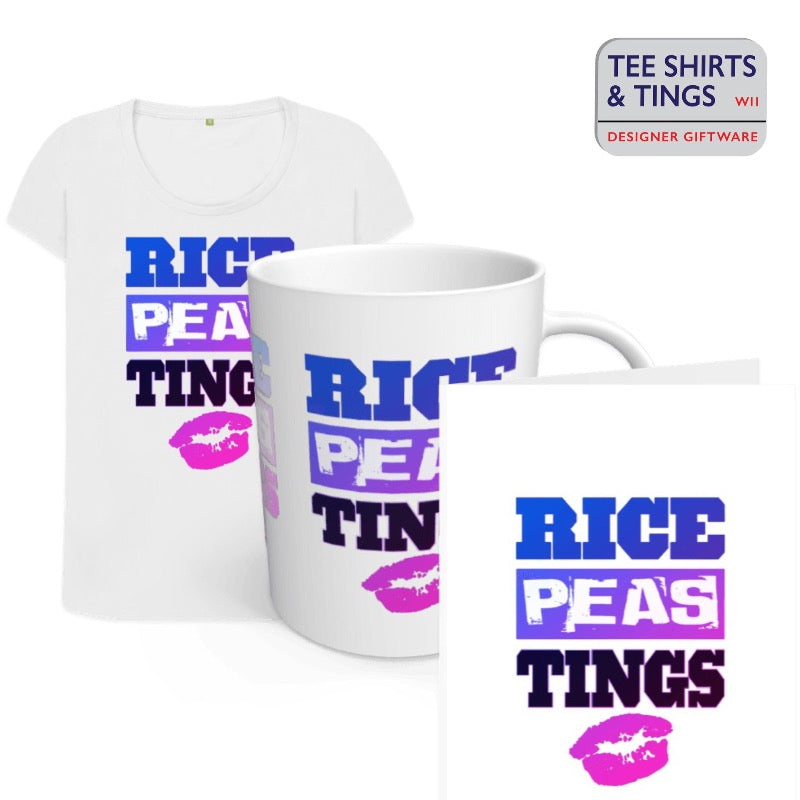 Hot Pink bundle - white organic cotton teeshirt  - white mug and a greetings card with wording rice,, peas, tings, in bright blue, pink and purple blended colours. Pink lipstick kiss