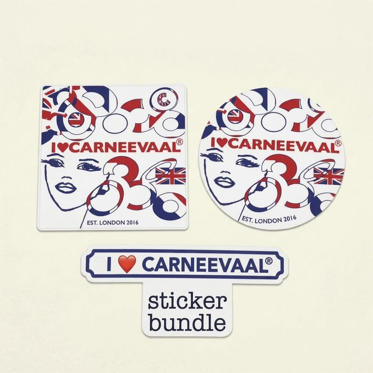 A sticker bundle featuring three Carneevaal-themed stickers: a square white sticker, a round white sticker, and a long white bumper sticker, all printed with red and blue graphics and the text 'I ♥ CARNEEVAAL' and 'EST. LONDON 2016', shown on a light beige background with a small label reading 'sticker bundle'.