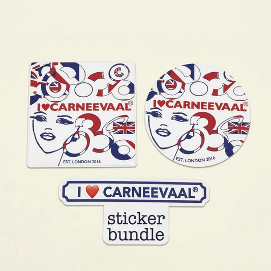 A sticker bundle featuring three Carneevaal-themed stickers: a square white sticker, a round white sticker, and a long white bumper sticker, all printed with red and blue graphics and the text 'I ♥ CARNEEVAAL' and 'EST. LONDON 2016', shown on a light beige background with a small label reading 'sticker bundle'.