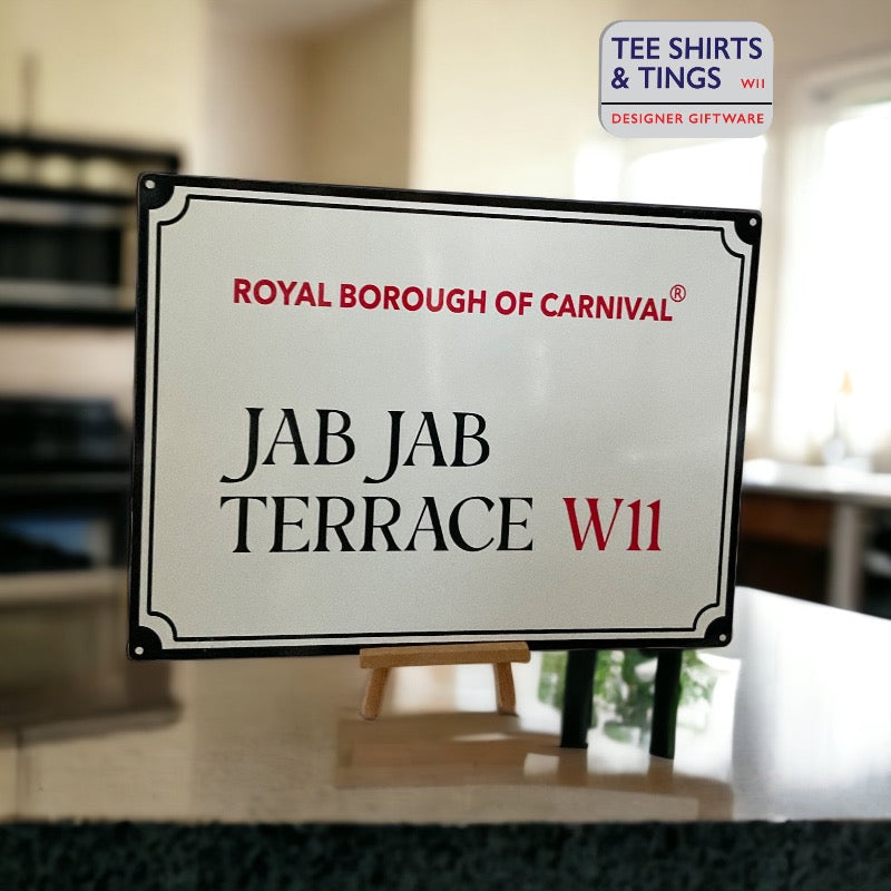 JAB JAB Terrace  mini street sign close up on easel