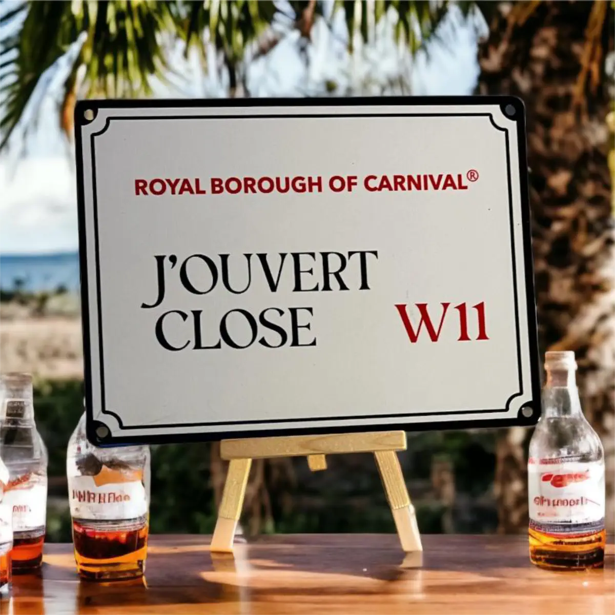 J'Ouvert Close W11 decorative street sign styled outdoors on a wooden stand with tropical drinks bottles