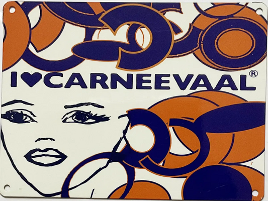 Front view of the Lilly Lapis Lazuli decorative carnival art sign featuring stylised illustration and graphic orange ring motifs
