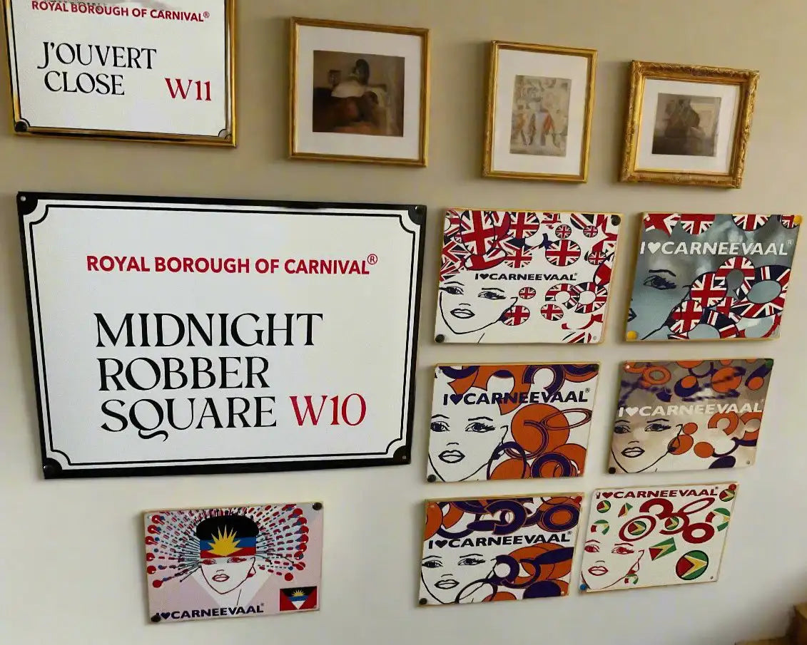 UK decorative carnival art signs styled in a framed gallery wall arrangement alongside London street signs