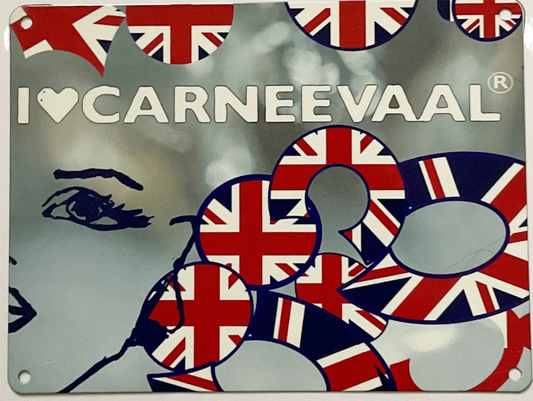 Front view of the Lilly Cobalt Blue decorative carnival art sign featuring stylised illustration and Union Jack motifs