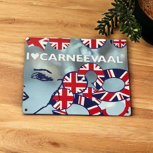 Angled view of the Lilly Cobalt Blue decorative carnival art sign with Union Jack graphic detailing on natural wood