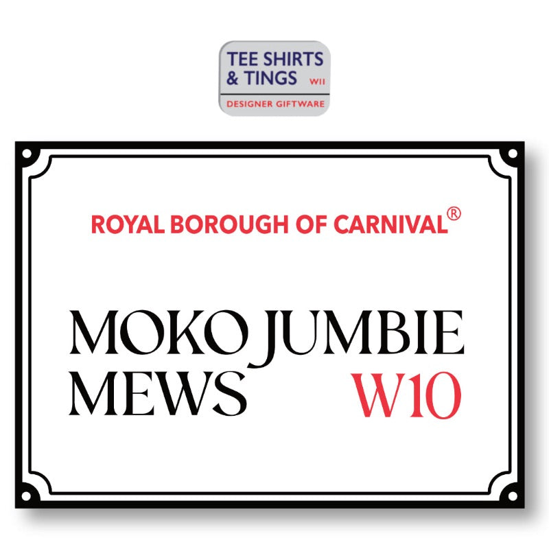 Moko Jumbie Mews metal street sign featuring RBOC - registered design