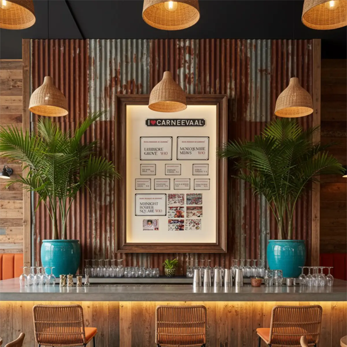 Framed carnival art collection featuring Moko Jumbie Mews street signs mounted on corrugated metal behind a cocktail bar