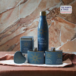 Blue collection on brown marble,