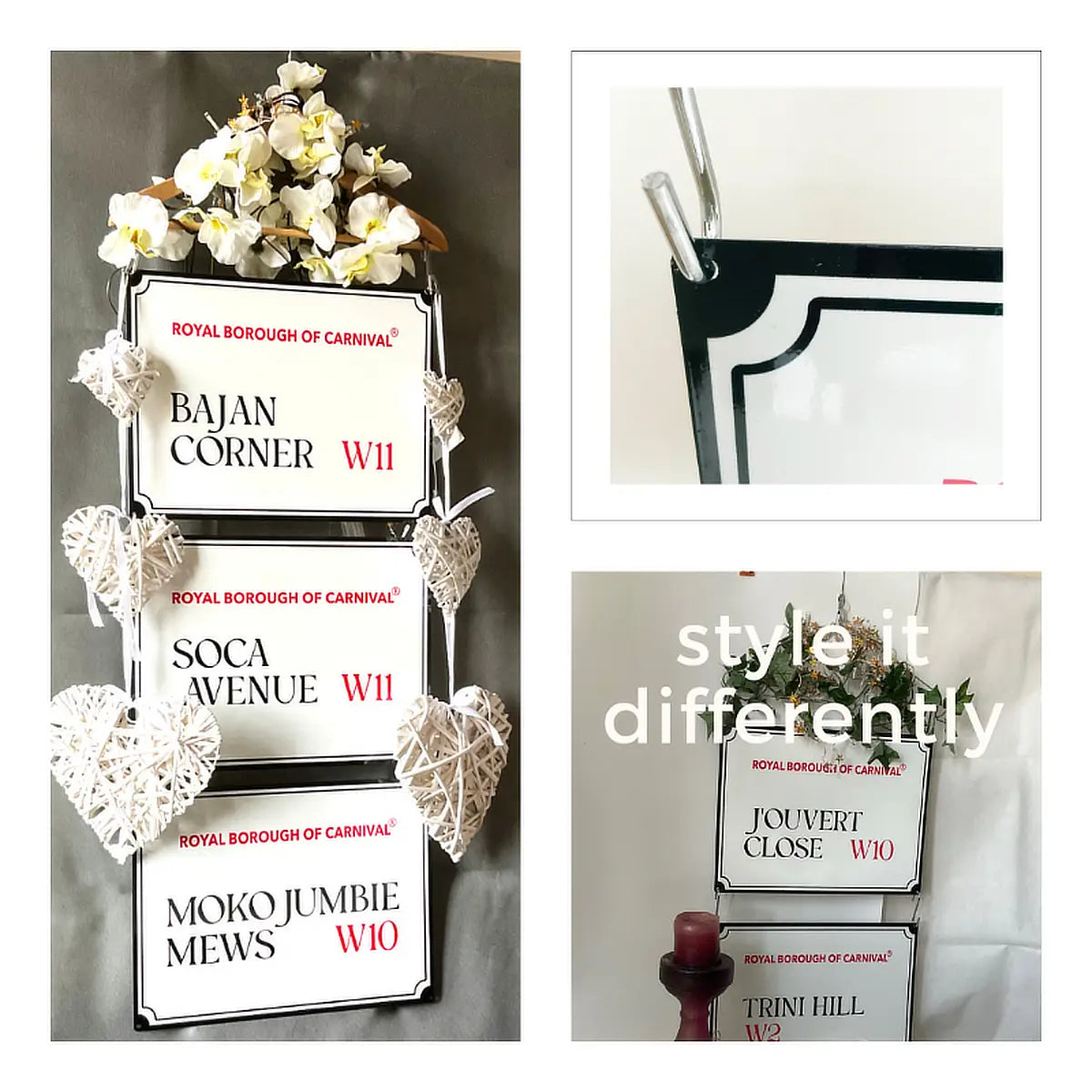Creative styling inspiration guide showing tiered hanging arrangements and close-up metal S-hook details for carnival street signs