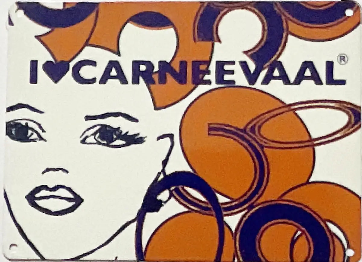 Front view of the Tangerine Blue decorative carnival art sign with bold graphic rings and face illustration