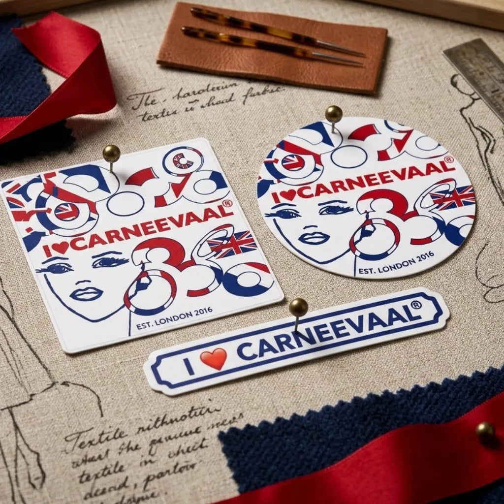 Three Carreevaal branded textile accessories laid out on a beige fabric background: a rectangular patch, a round patch, and a narrow badge, all featuring a red, white, and blue graphic design with the text 'I ♥ CARREEVAAL' and small Union Jack motifs. A small leather case with two metallic tools and ribbon are also visible around it.