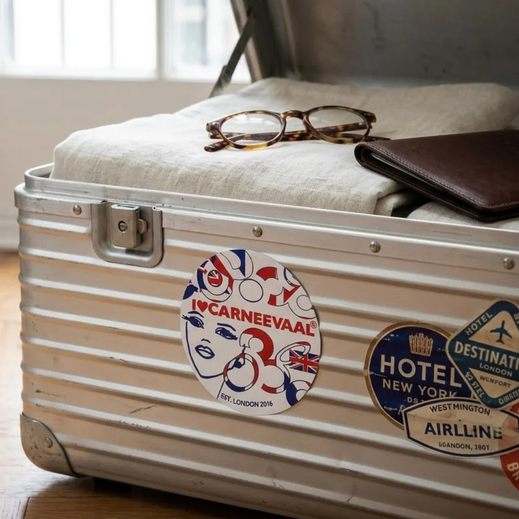 A silver aluminum travel suitcase with colorful travel stickers, containing a white towel, tortoiseshell eyeglasses, and a brown leather wallet, set on a wooden floor.