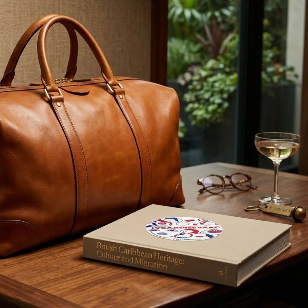 A tan leather duffel bag sits on a wooden table beside a book, eyeglasses, and a glass of white wine in a softly lit indoor setting.