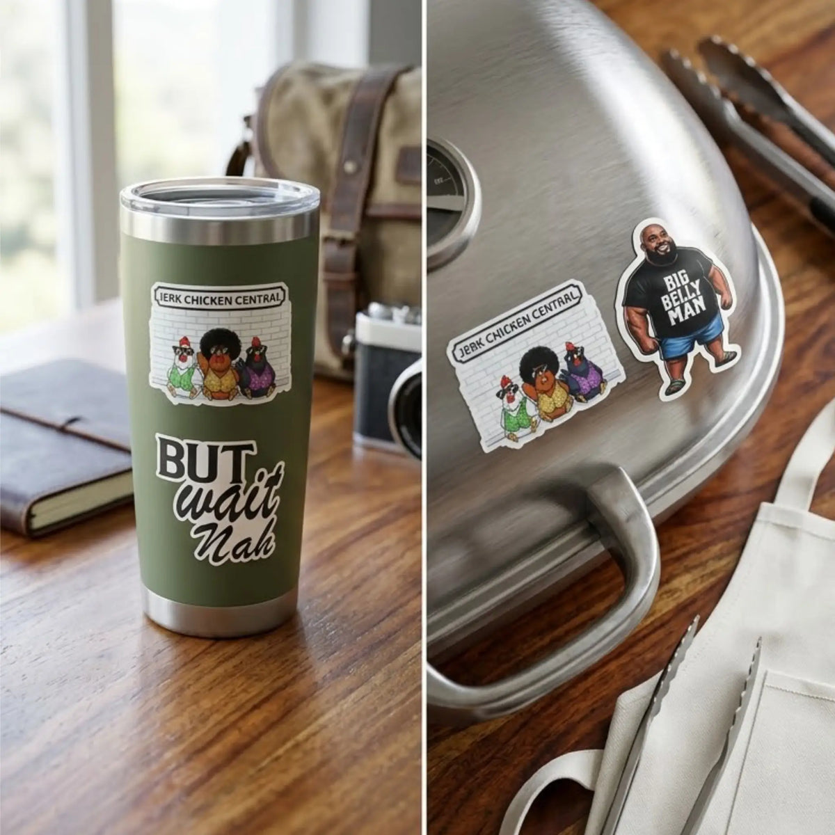 The Big, But & Jerk Sticker Set applied to a travel tumbler in a lifestyle studio setting.