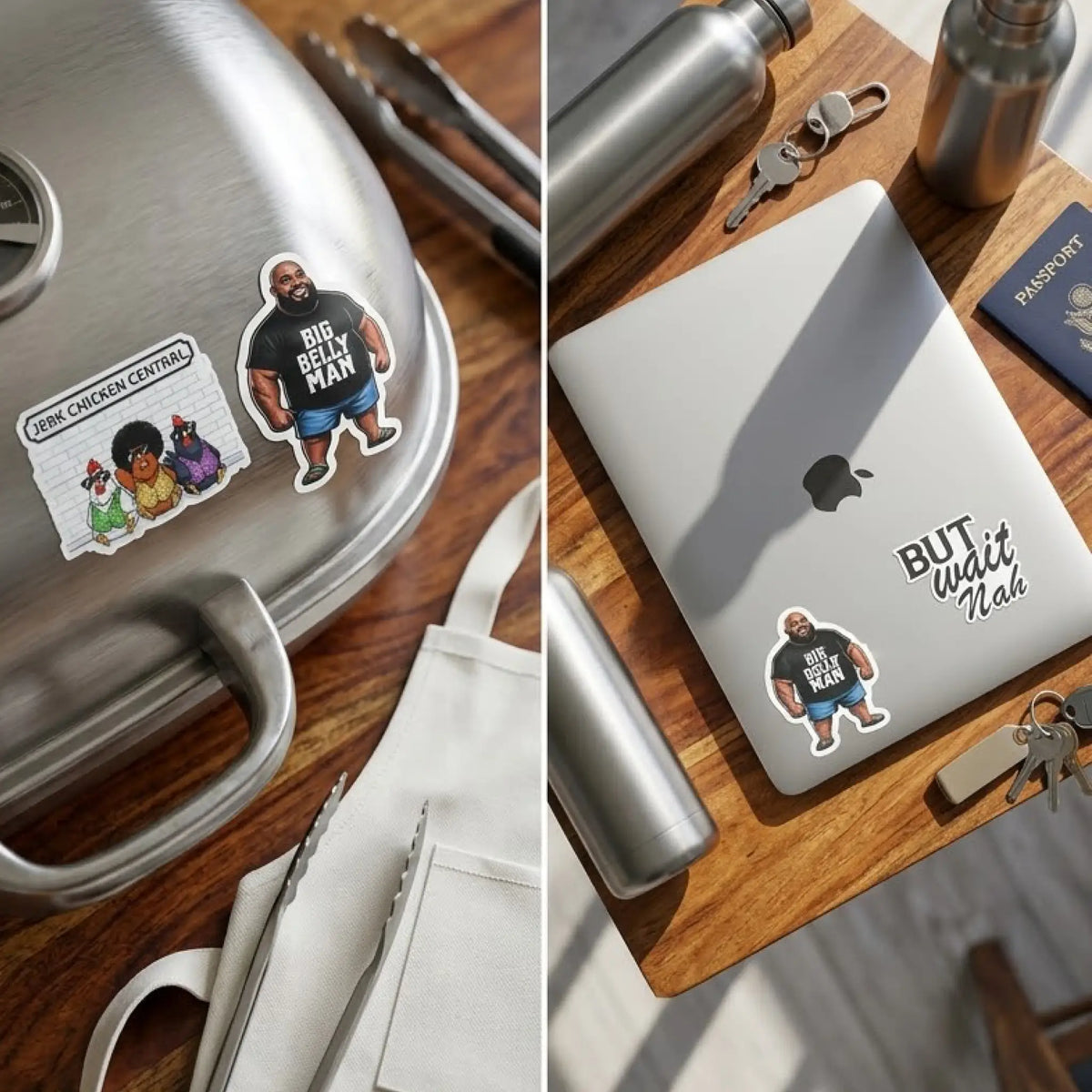 Sticker collection shown in lifestyle settings, featuring Big Belly Man and Jerk Chicken Central designs on a barbecue dome next to a white apron, and But Wait Nah with Big Belly Man applied to a silver laptop on a wooden desk.