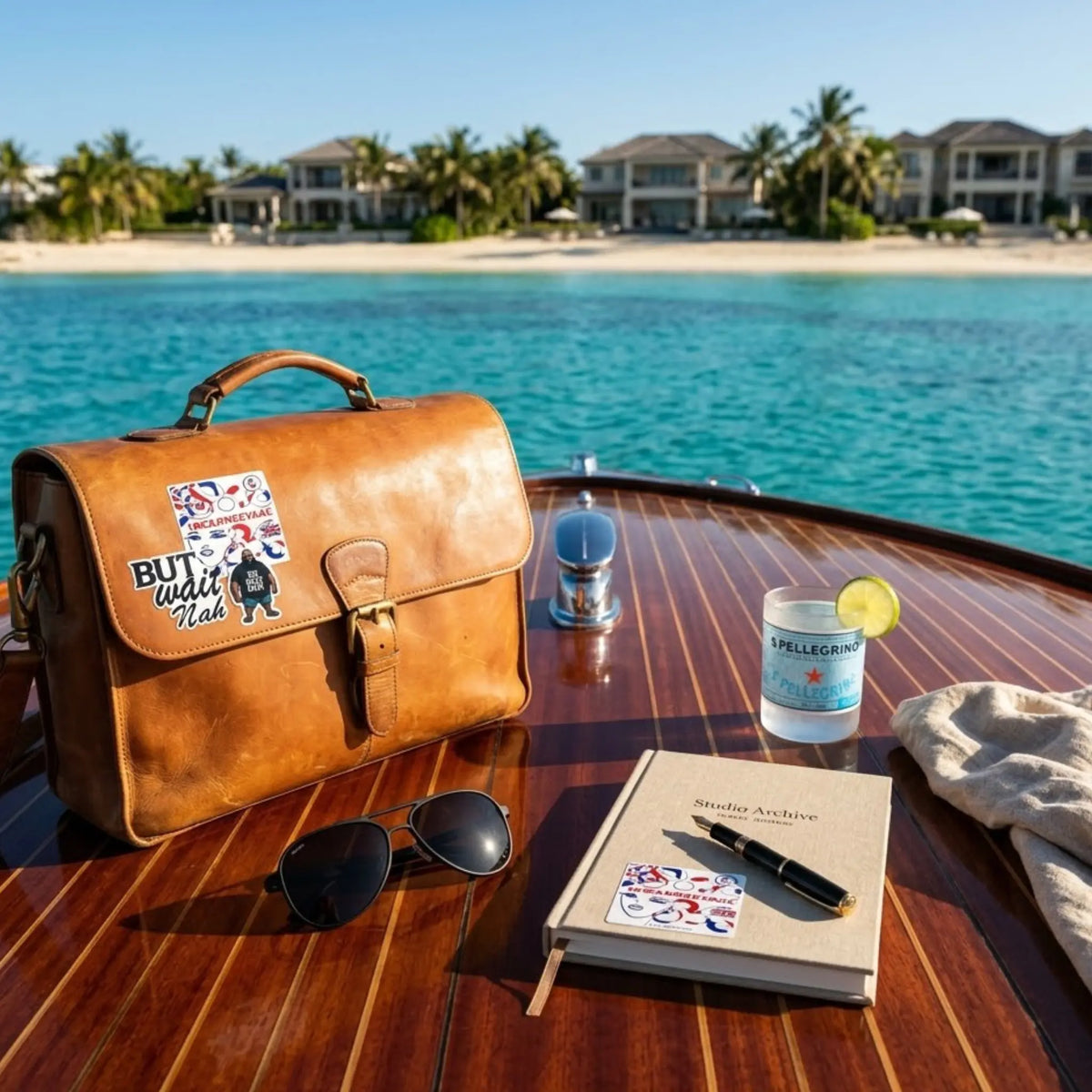 Collector’s Edition vinyl stickers styling a tan leather briefcase and linen journal on a classic Riva boat deck in the Cayman Islands.