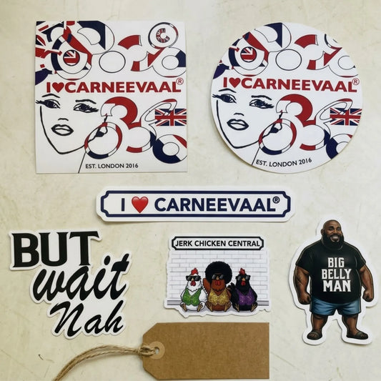Complete vinyl sticker suite from The Collector’s Edition featuring I Love Carneevaal emblems, But Wait Nah, Jerk Chicken Central, and Big Belly Man on a warm studio background.