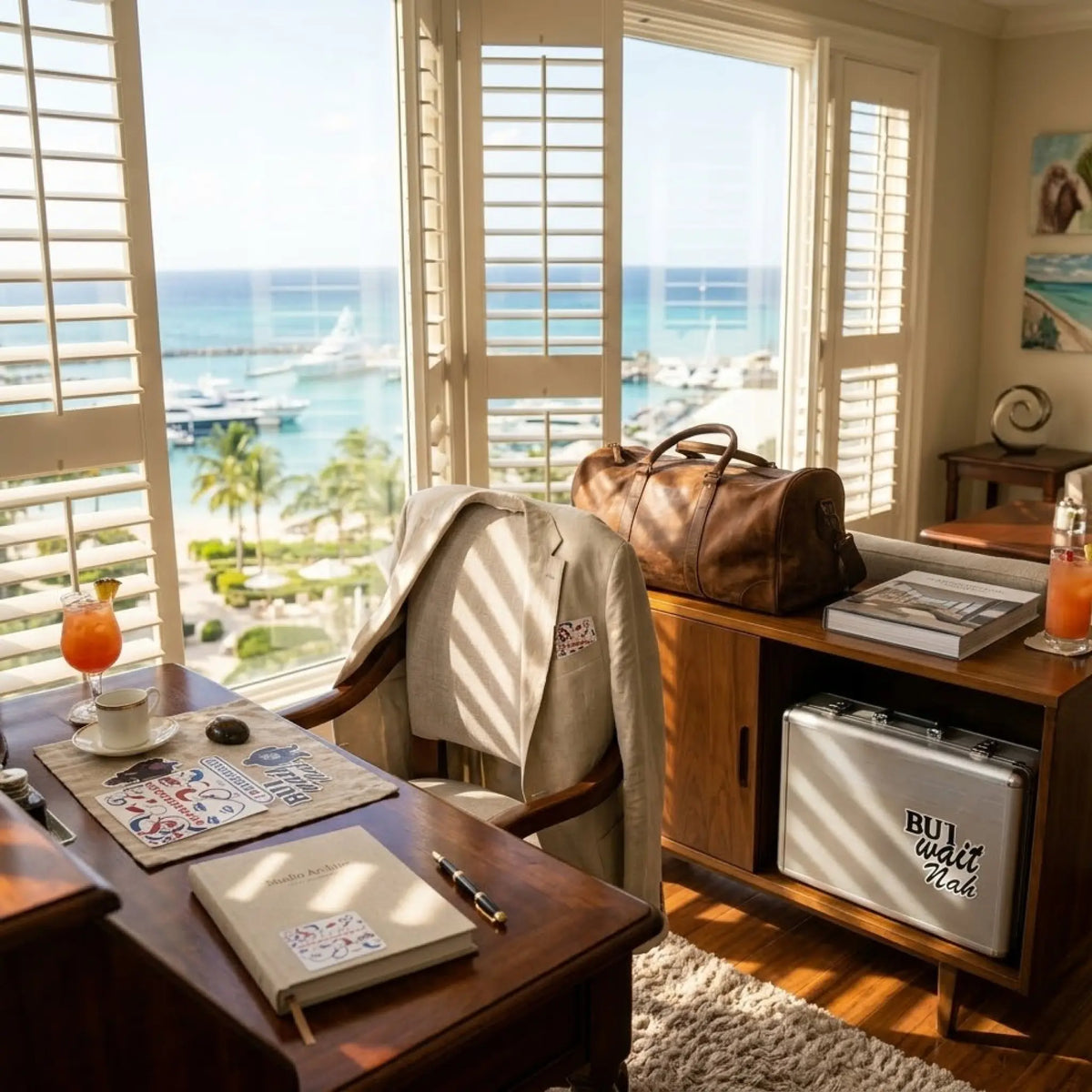 First-class Caribbean suite overlooking the marina with Collector's Edition vinyl emblems personalizing a silver flight case and linen travel noteboo