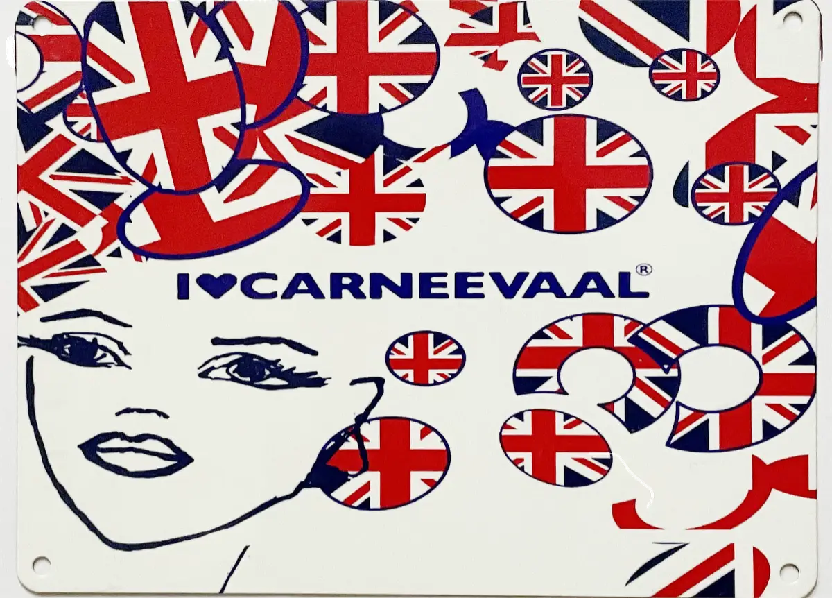 UK edition decorative carnival art sign with Union Jack motifs laid flat on a neutral textured backdrop