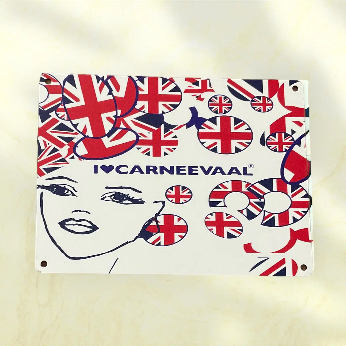Front view of the UK decorative carnival art sign featuring stylised illustration and Union Jack ring graphics