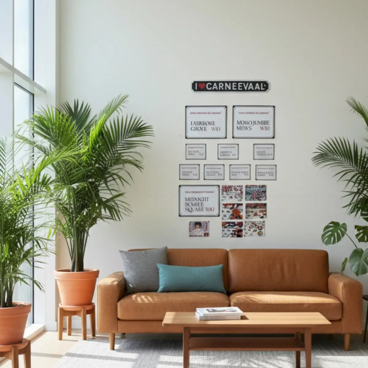 Decorative carnival street and art signs styled in a vertical gallery wall arrangement in a modern living space