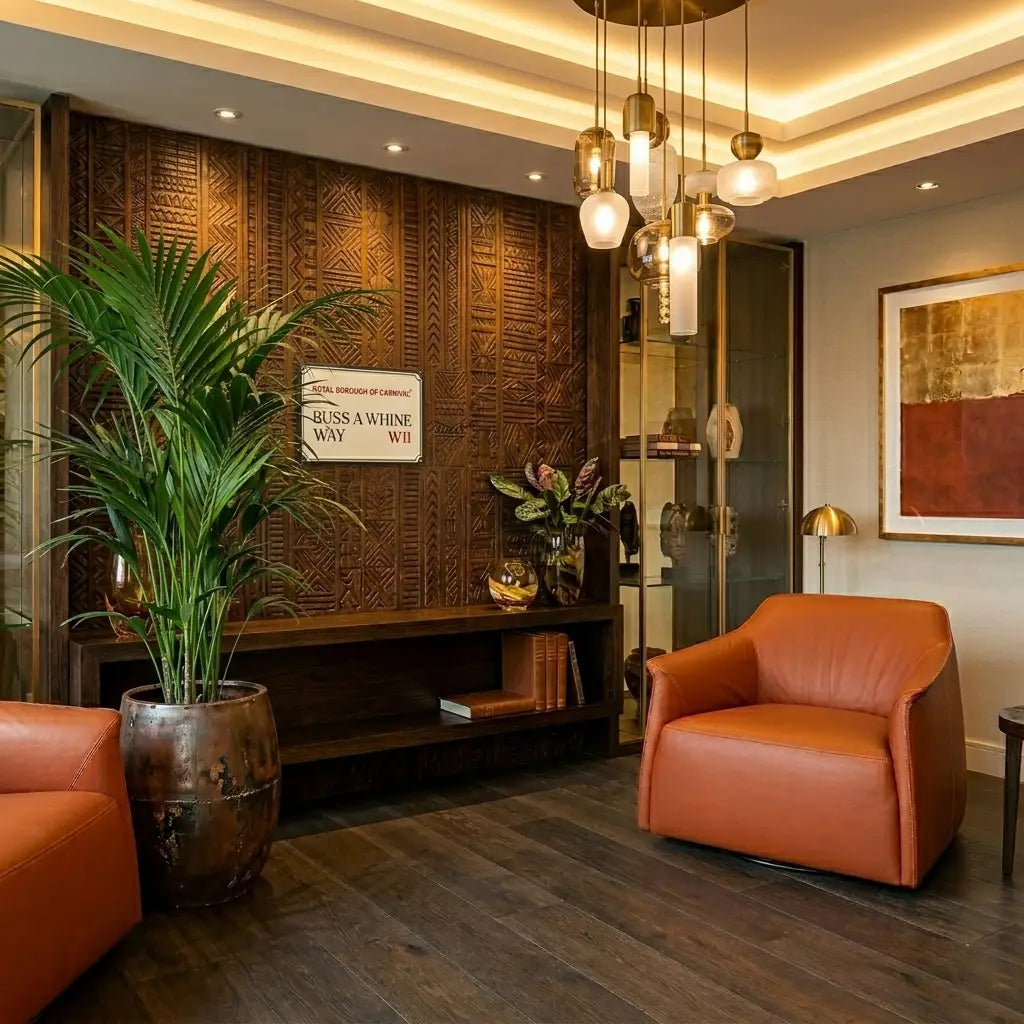 Modern, stylish living room interior with a warm orange leather armchair, a large potted plant, textured wood paneling, and a unique 'Buss A Whine Way' wall sign