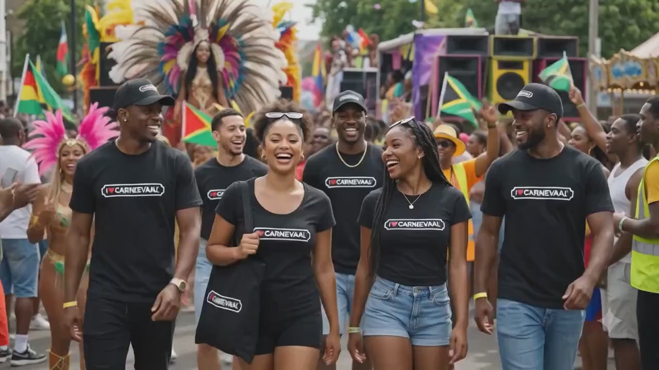 Load video: Royal Borough of Carnival brand apparel featured during a vibrant Caribbean carnival street parade.