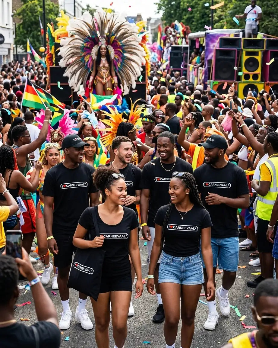 Group wearing branded black tees walking in a colorful carnival street celebration