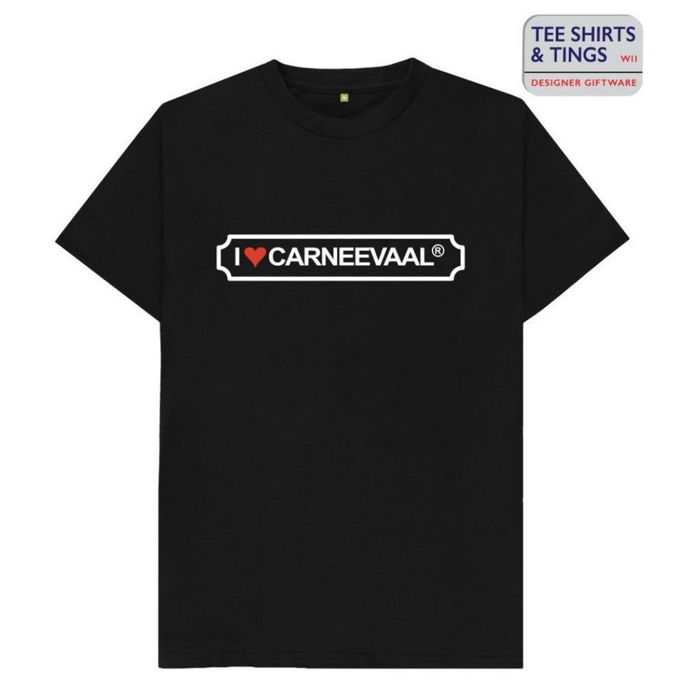 Men’s - Black cotton 100% organic crew neck teeshirt with - I ❤️ CARNEEVAAL® on the front