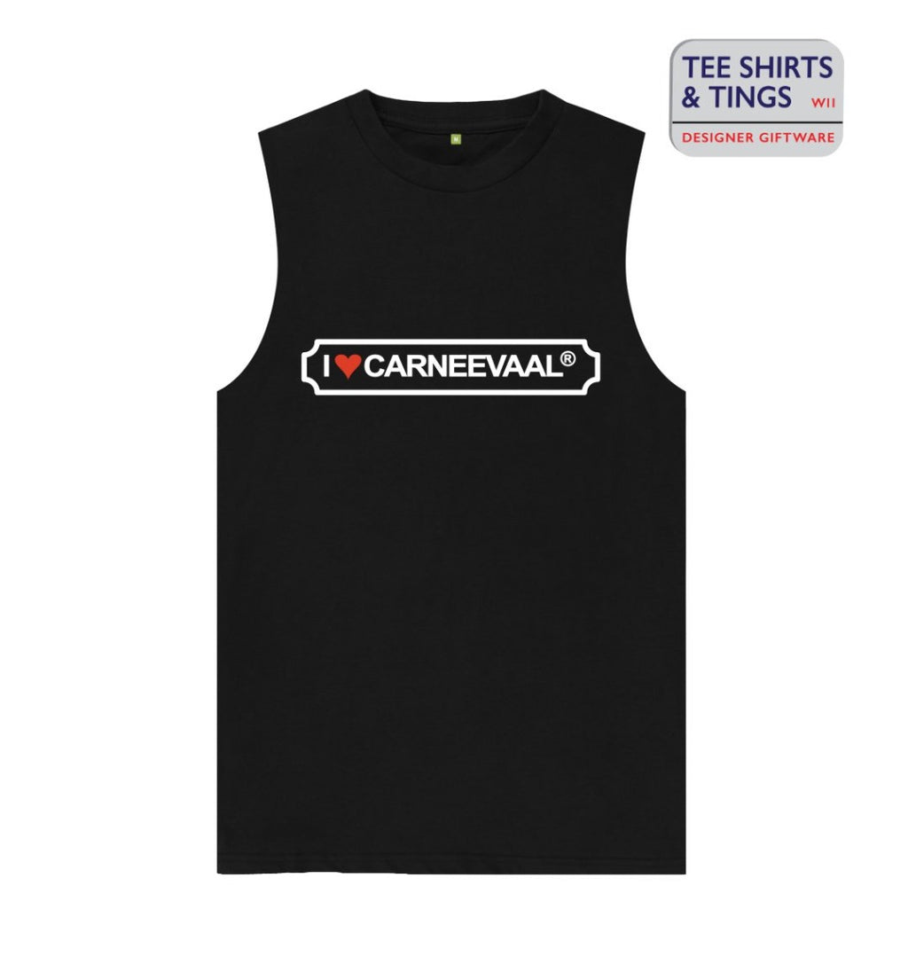 100% Organic Cotton Men's vest top with I ❤️ CARNEEVAAL printed on the front.