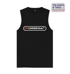 100% Organic Cotton Men's vest top with I ❤️ CARNEEVAAL printed on the front.