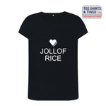women's black 100% organic cotton teeshirt ft white lettering with a white heart and font saying jollof rice