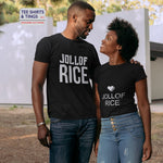 Couple each wearing black organic crew-neck cotton teeshirts ft white lettering with a white heart and font saying Jollof Rice