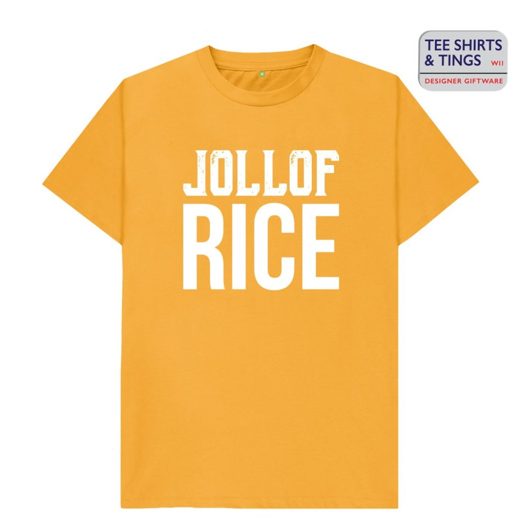 Yellow organic teeshirt with white wording saying Jollof Rice. 100% organic cotton