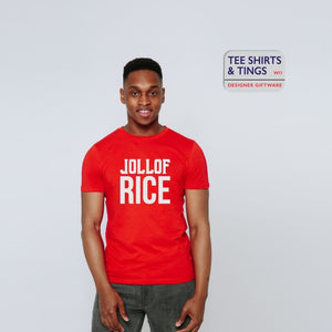 Man in studio wearing a red organic Jollof Rice cotton teeshirt 